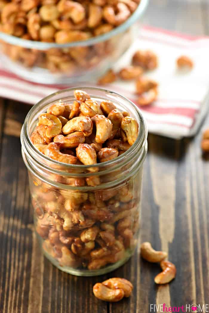 Honey Chipotle Lime Cashews ~ the perfect balance of sweet, spicy, and smoky, these glazed nuts are roasted to perfection and completely addictive, making them a fantastic gift or a tasty party snack! | FiveHeartHome.com Mason jar filled with Candied Cashews.