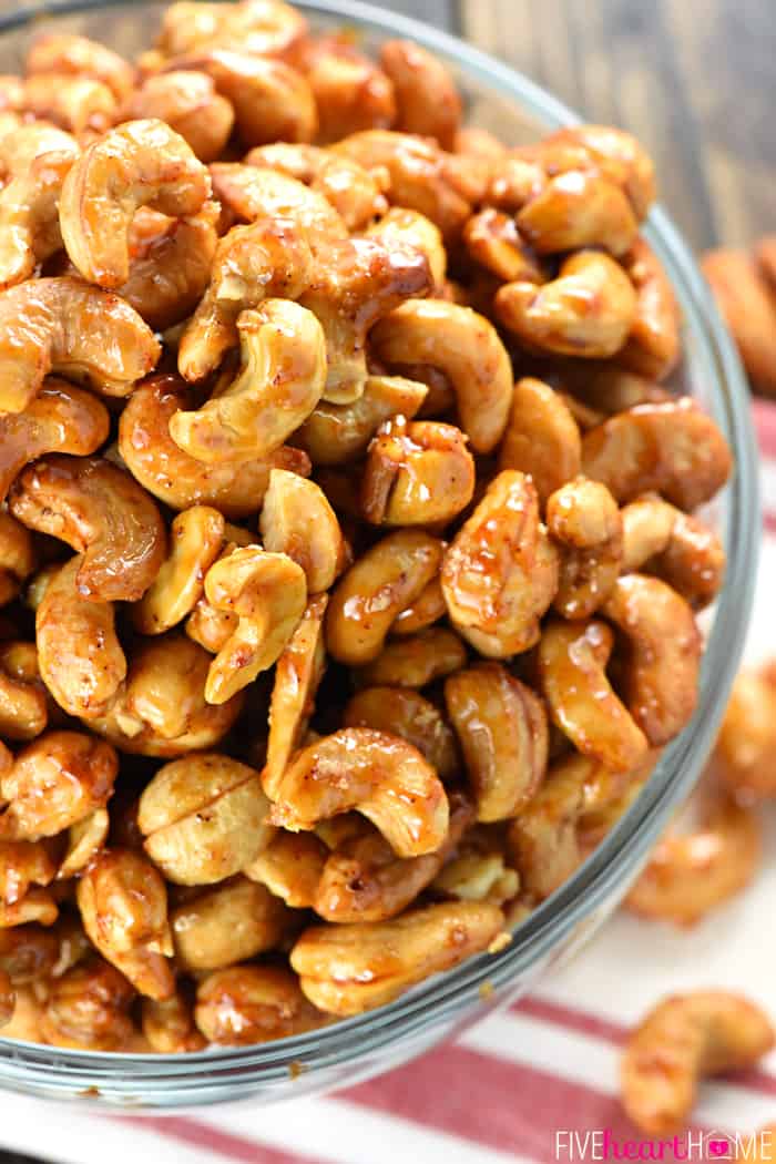 Close-up of Candied Cashews in a glass bowl.