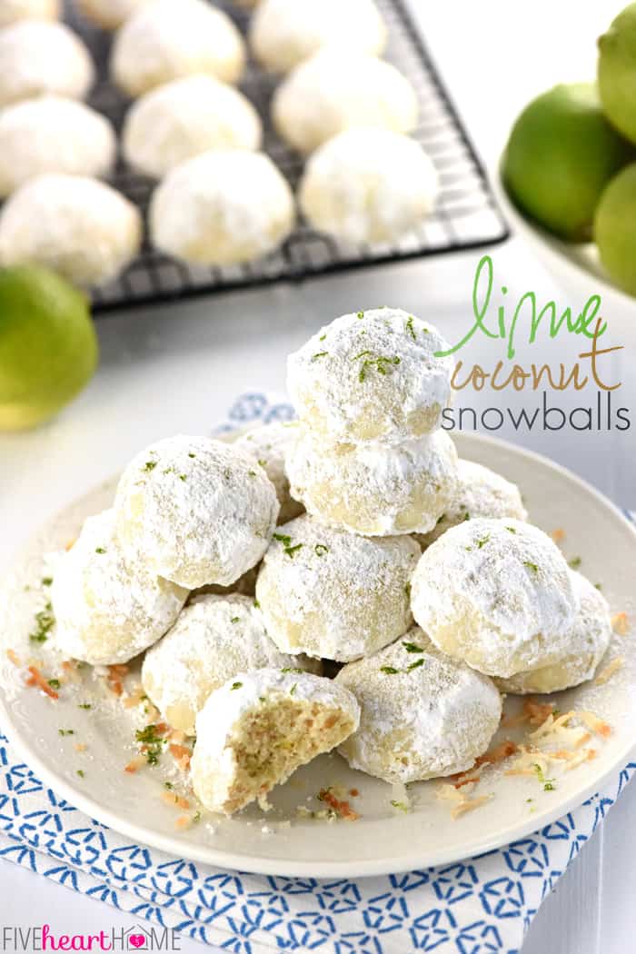Lime Coconut Snowballs ~ tender shortbread-like cookies studded with lime zest & toasted coconut and generously rolled in powdered sugar for perfect year-round treats...from the lazy days of summer to a Christmas cookie platter! | FiveHeartHome.com