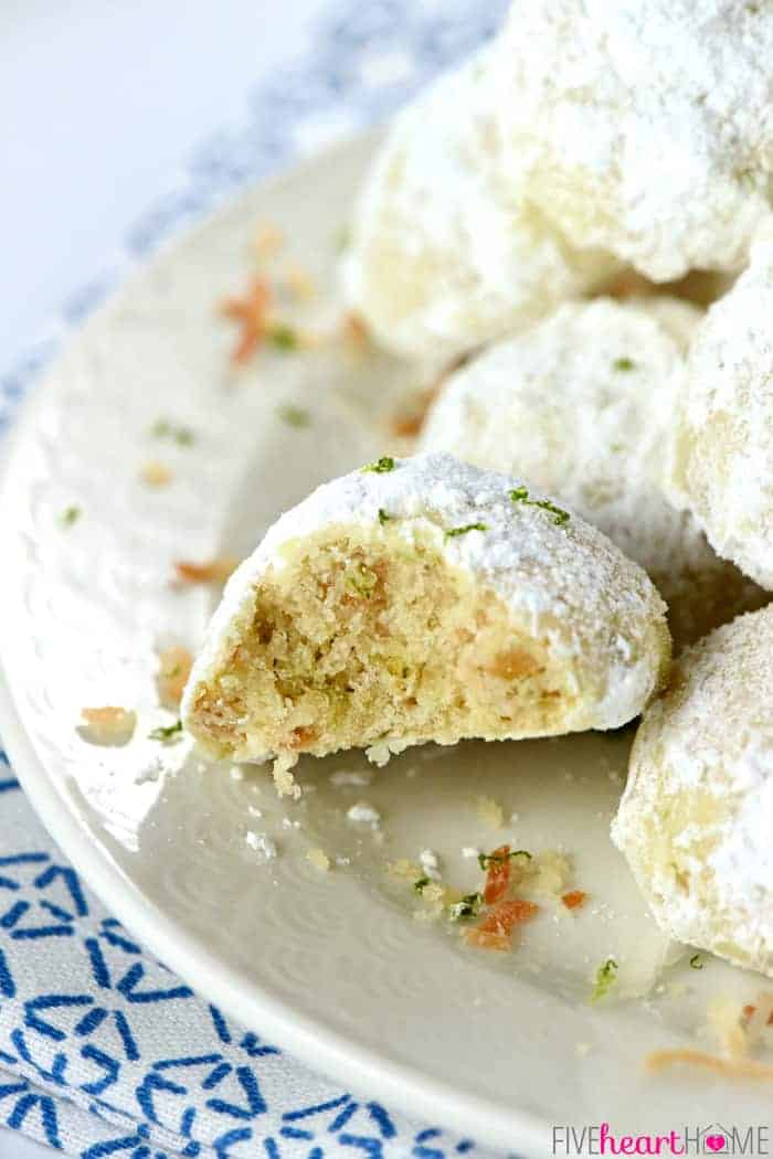 Close-up of Snowball Cookies with missing bite.