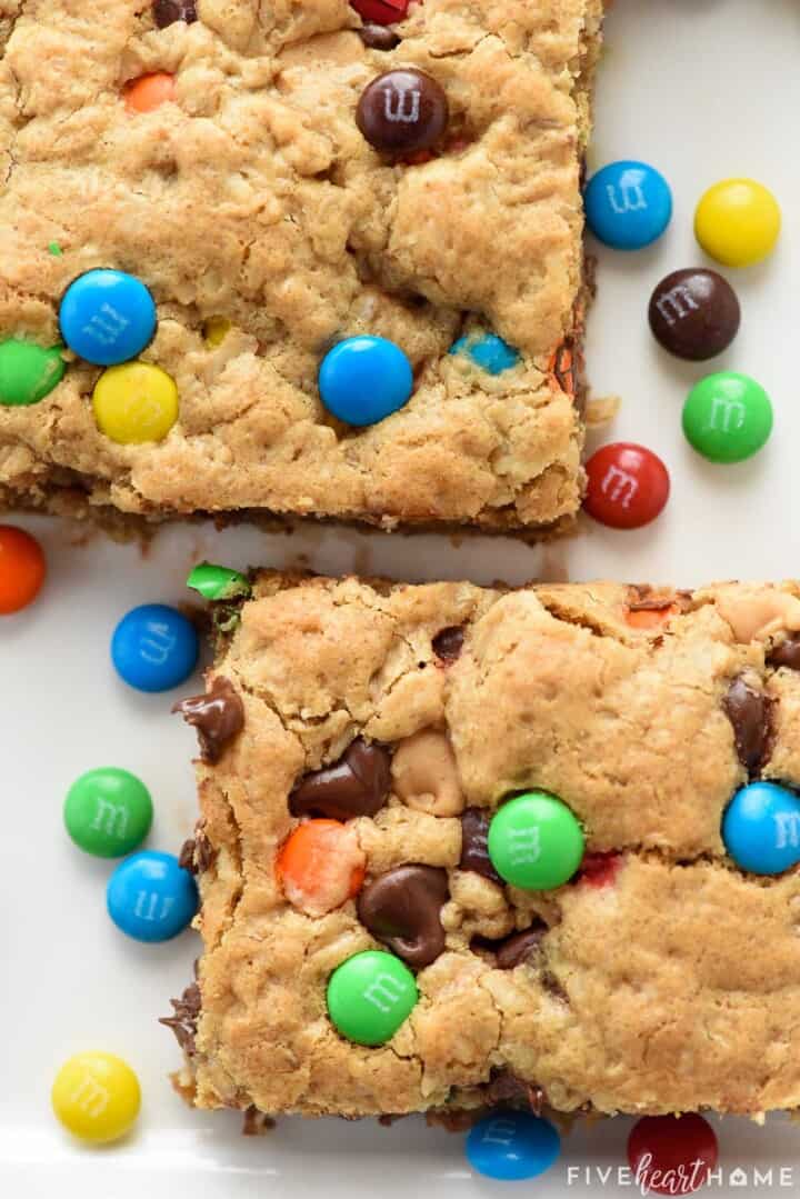 Aerial close-up of two Monster Cookie Bars.