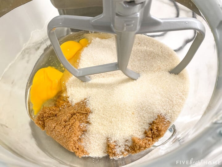 Eggs and sugars in stand mixer.
