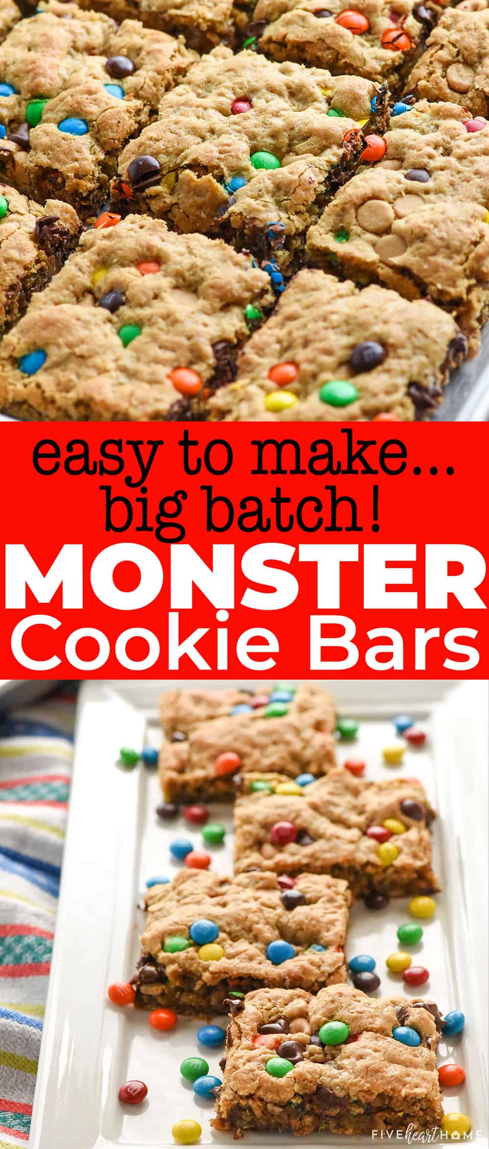 Loaded with oats, peanut butter, and M&M's, these chewy, naturally gluten-free Monster Cookie Bars require only ONE BOWL yet yield a BIG BATCH, making this the perfect quick and easy recipe when you need a bunch of sweet treats for a party or celebration! via @fivehearthome