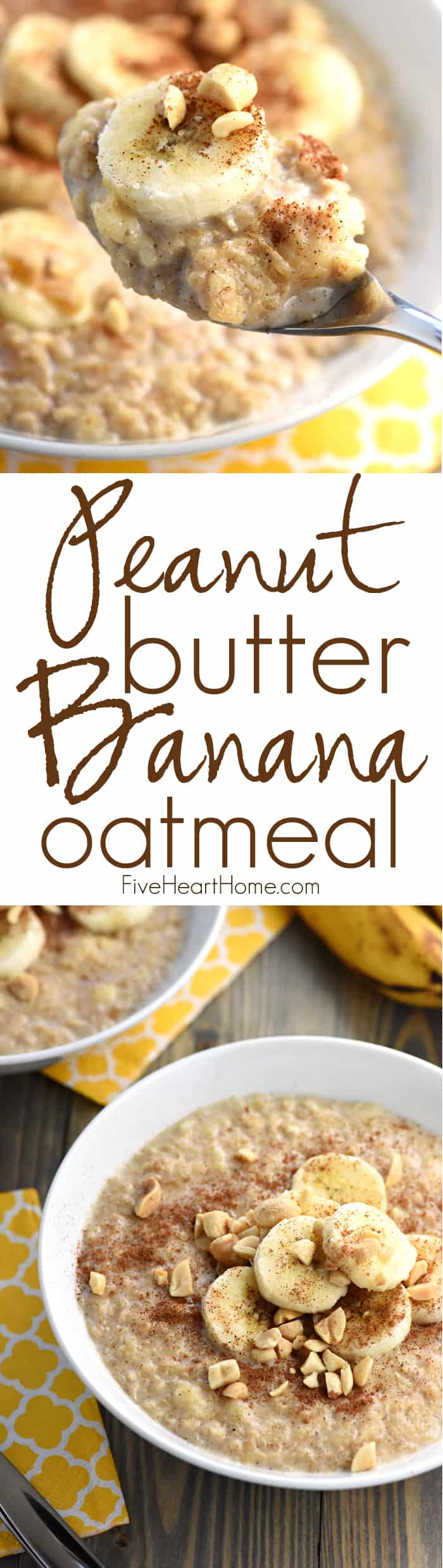 Peanut Butter Banana Oatmeal ~ in just a few short minutes, you can enjoy a hot, wholesome, homemade breakfast flavored with cinnamon, sweetened with honey, and topped with crunchy peanuts! | FiveHeartHome.com via @fivehearthome