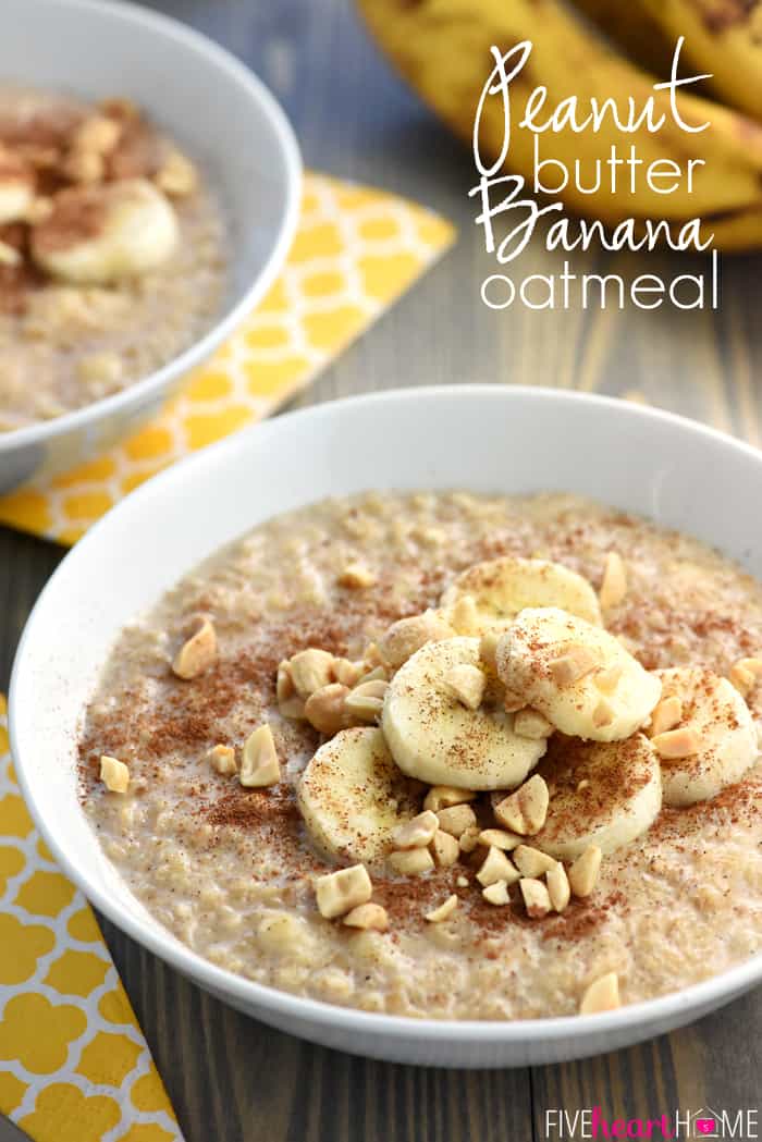 Peanut Butter Banana Oatmeal ~ in just a few short minutes, you can enjoy a hot, wholesome, homemade breakfast flavored with cinnamon, sweetened with honey, and topped with crunchy peanuts! | FiveHeartHome.com