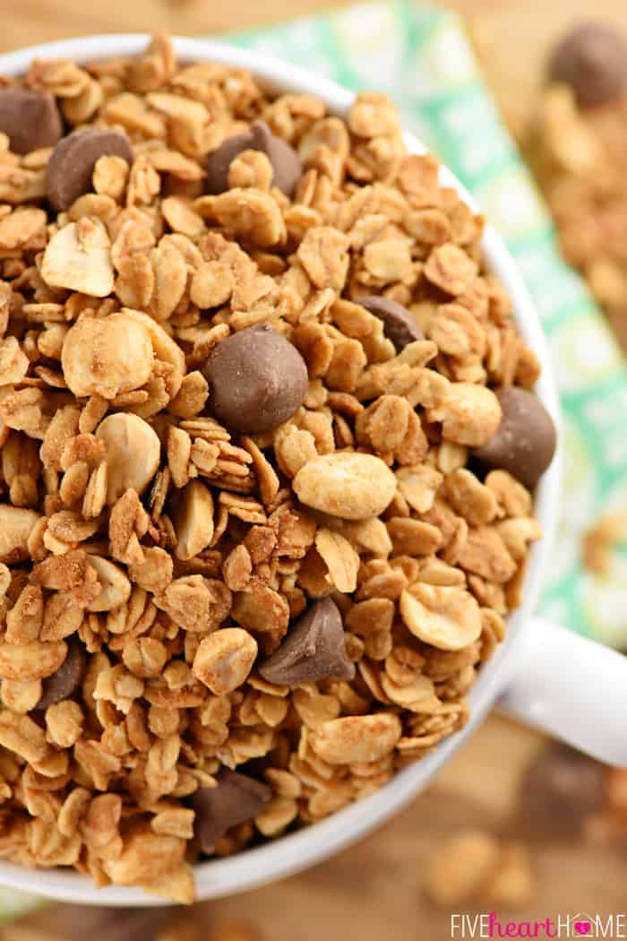 5-Ingredient Peanut Butter Granola ~ a quick and easy recipe that makes a wholesome, yummy breakfast, snack, or even dessert (dressed up with a handful of chocolate chips)! | FiveHeartHome.com Peanut Butter Chocolate Granola.