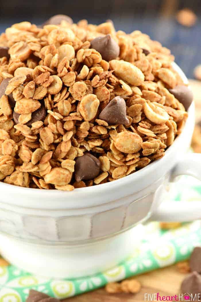 Peanut Butter Granola in white bowl.