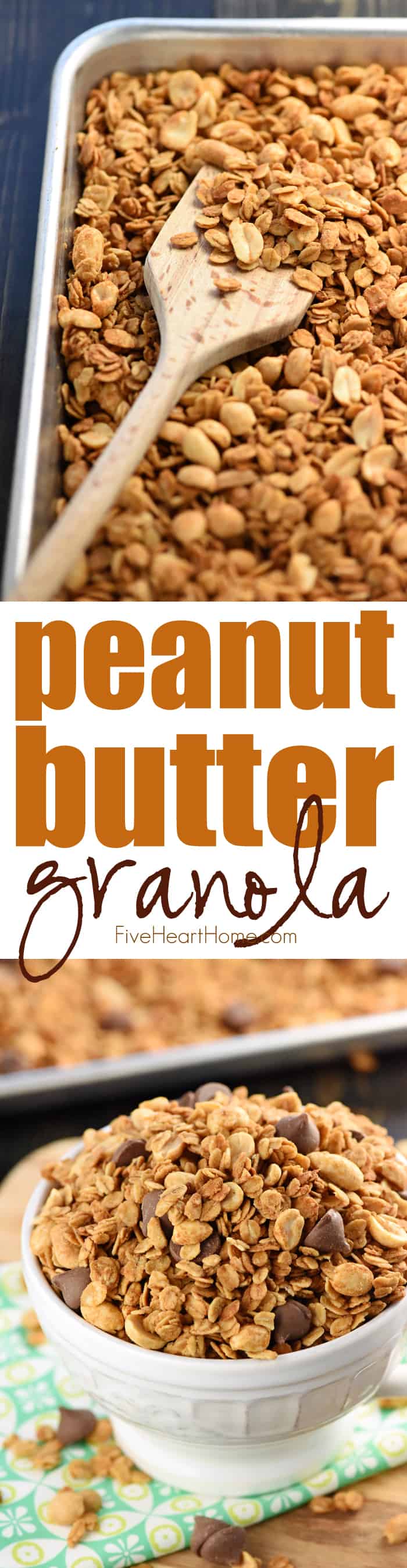 5-Ingredient Peanut Butter Granola ~ a quick and easy recipe that makes a wholesome, yummy breakfast, snack, or even dessert (dressed up with a handful of chocolate chips)! | FiveHeartHome.com via @fivehearthome