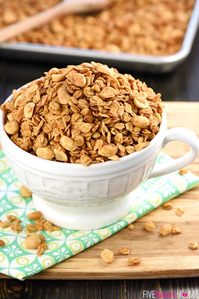 Peanut Butter Granola in a bowl and on pan.