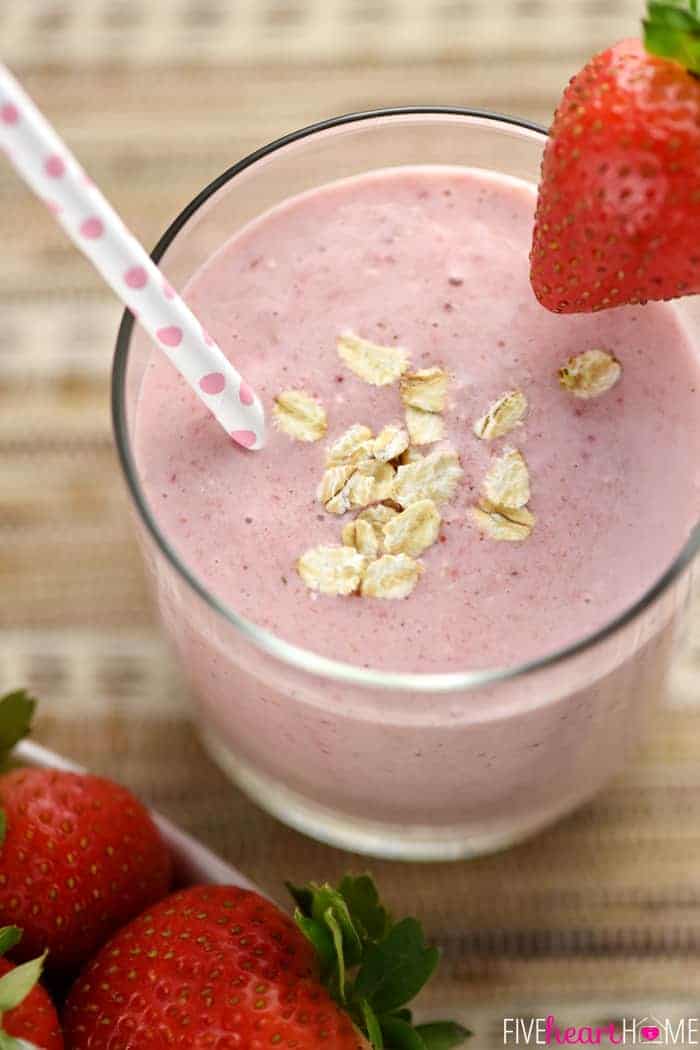 Aerial view of Strawberry Shortcake Smoothie with pink polkadot straw