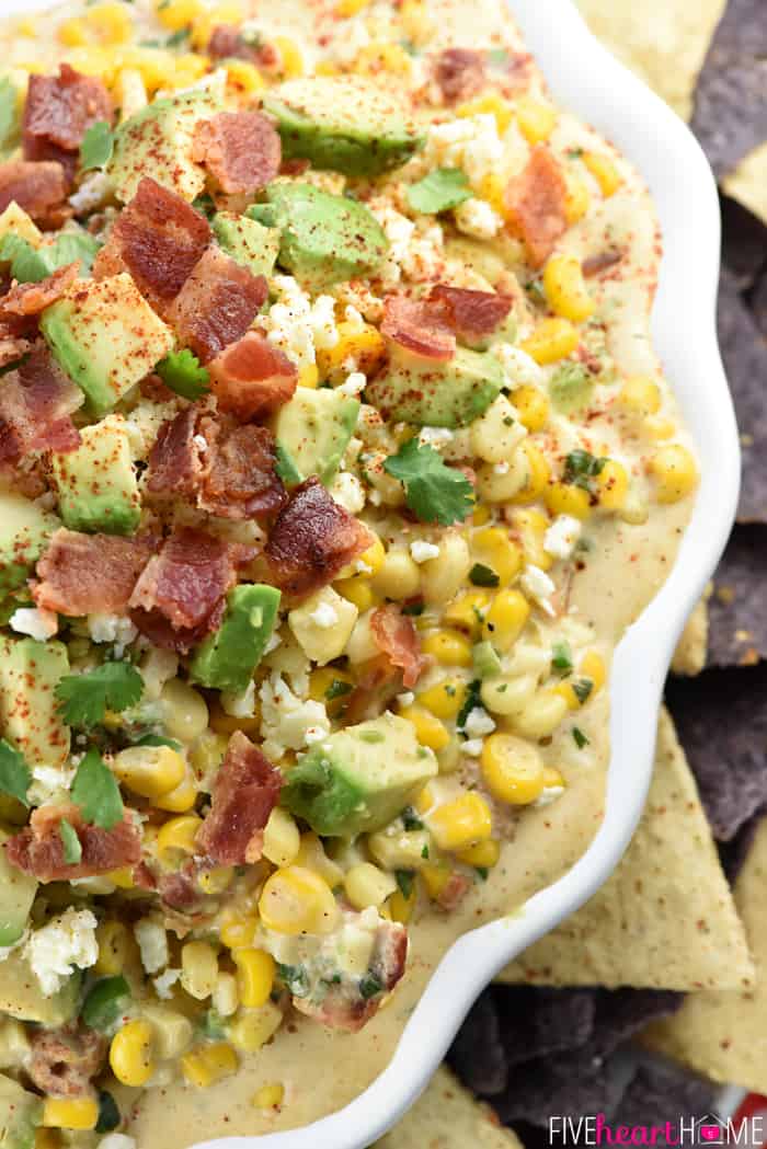 Aerial View of Ultimate Mexican Street Corn Dip In White Bowl 