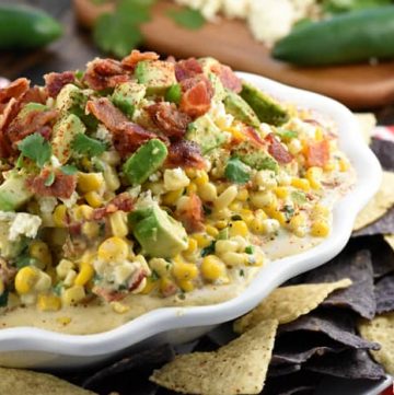 Ultimate Mexican Street Corn Dip ~ warm, creamy, and loaded with a mouthwatering combo of ingredients...corn, cotija cheese, avocado, bacon, jalapeños, cilantro, and chipotle chile powder for the perfect amount of smoky heat...ideal for Superbowl, game day, or just about any party or get-together! | FiveHeartHome.com