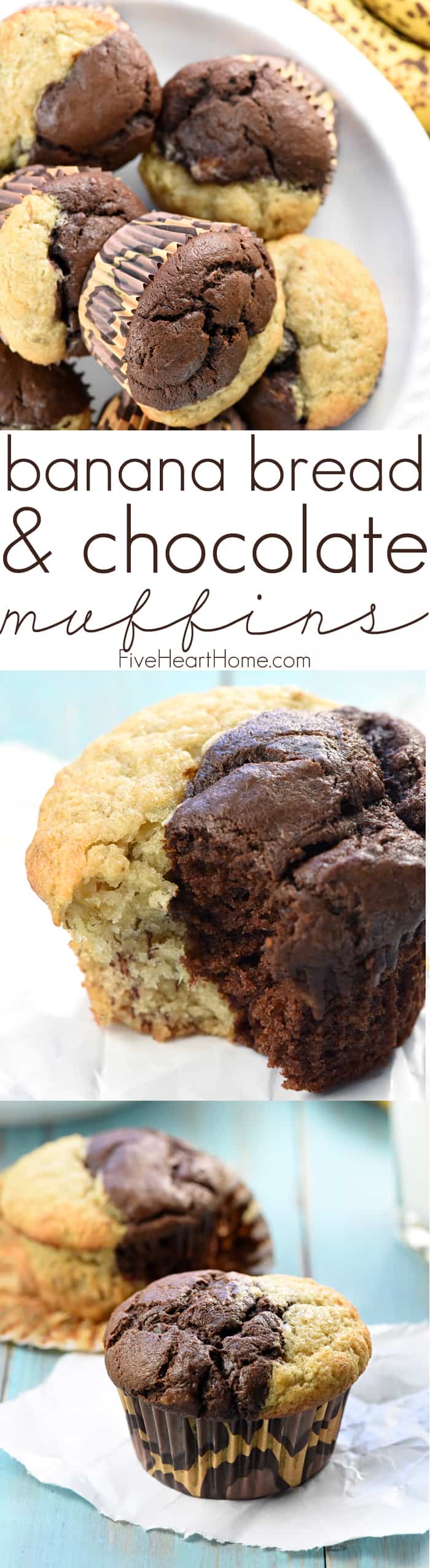 Chocolate Banana Muffins ~ combine half plain banana batter and half chocolate banana batter in sweet, moist, bakery-style muffins that make a perfect breakfast or snack! | FiveHeartHome.com via @fivehearthome