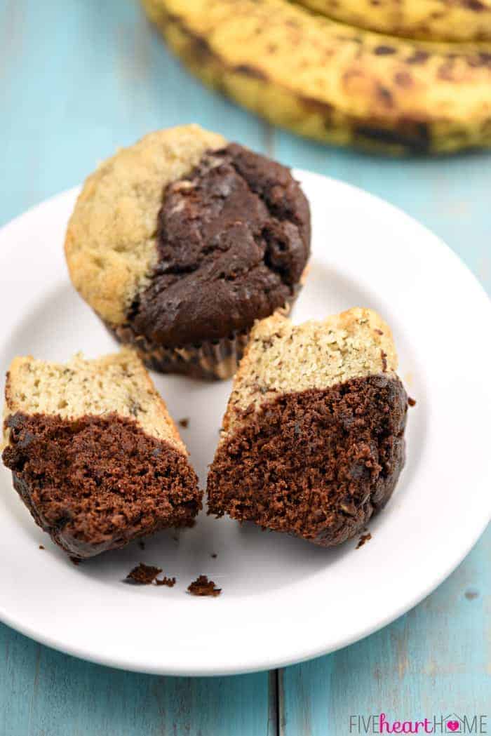 Chocolate Banana Muffins on a plate, one cut in half