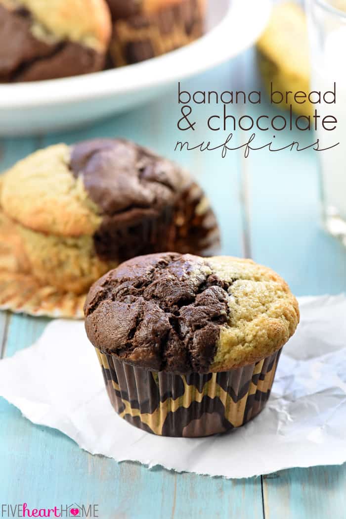 Chocolate Banana Muffins ~ combine half plain banana batter and half chocolate banana batter in sweet, moist, bakery-style muffins that make a perfect breakfast or snack! | FiveHeartHome.com Chocolate Banana Muffins with text overlay