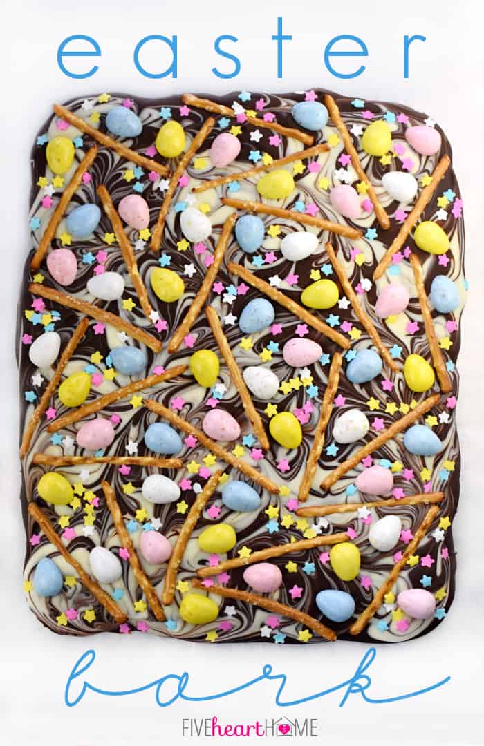 Easter Egg Pretzel Chocolate Swirl Bark ~ a simple, festive, spring treat featuring two kinds of chocolate swirled together and topped with mini chocolate eggs, pretzels, and pastel sprinkles! | FiveHeartHome.com