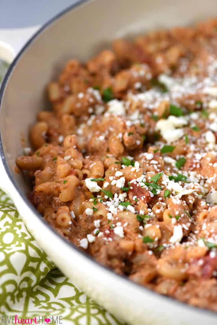 Close-up of Pastitsio recipe in skillet.