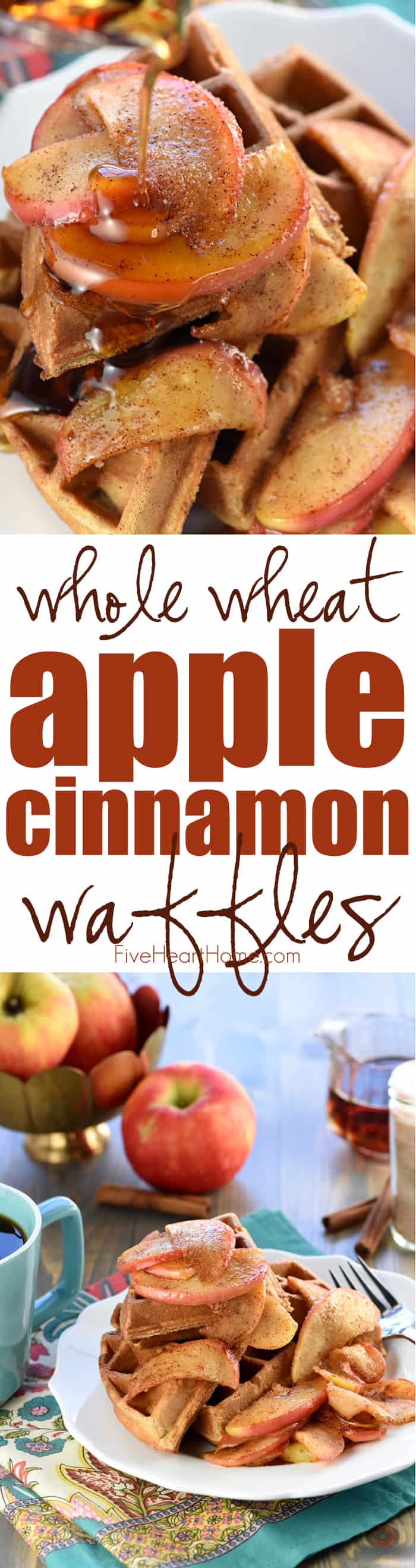 Whole Wheat Apple Cinnamon Waffles ~ crisp on the outside and fluffy on the inside, these waffles are perfectly spiced and bursting with chunks of sweet, tender apples...and as a bonus, they make your whole house smell heavenly as they bake! | FiveHeartHome.com via @fivehearthome