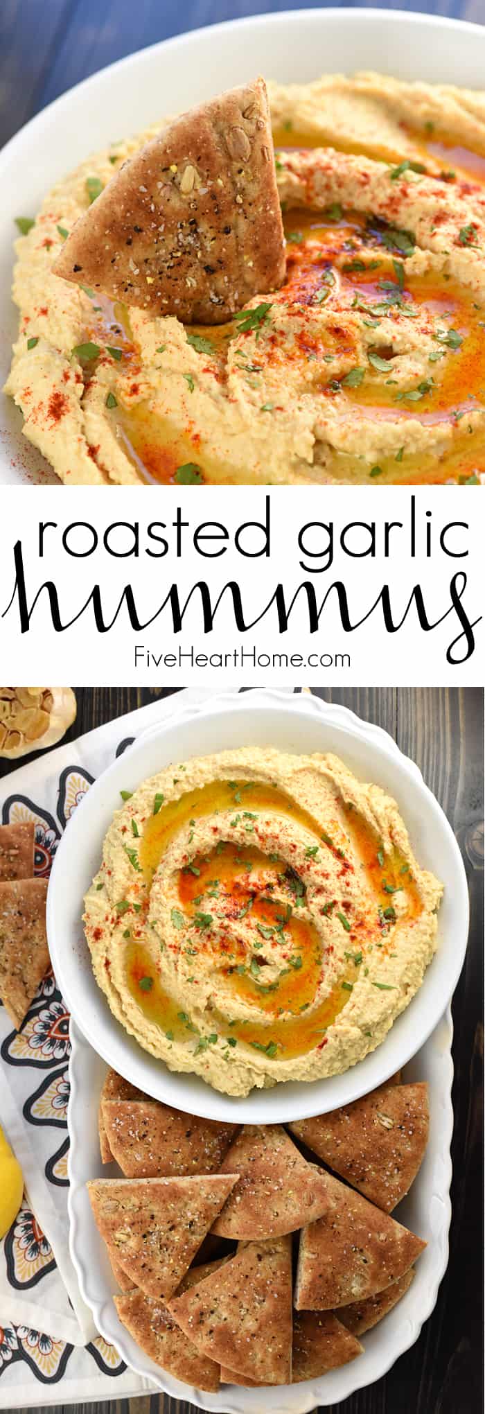 Roasted Garlic Hummus ~ mellow roasted garlic is blended with chickpeas, tahini, olive oil, and lemon juice for a fresh, creamy hummus that's delicious with homemade pita chips or crunchy veggie dippers! | FiveHeartHome.com via @fivehearthome