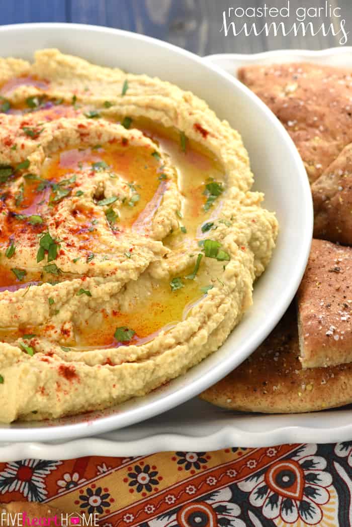 Roasted Garlic Hummus with text overlay.