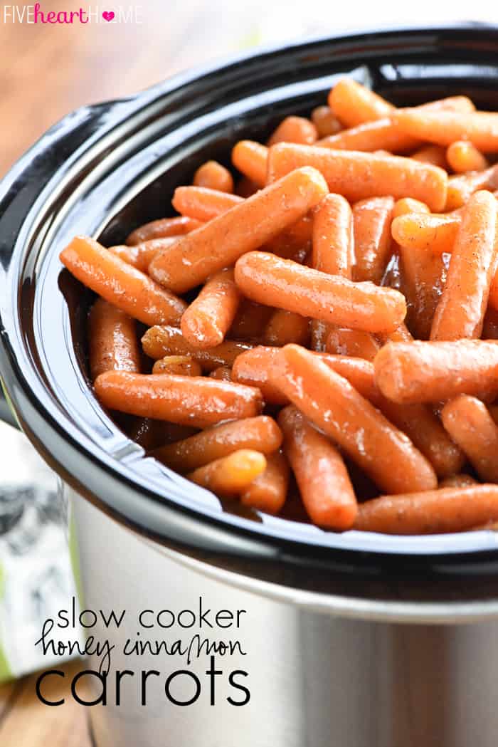 Slow Cooker Honey Cinnamon Carrots ~ a sweet, buttery, and addictive side dish...the perfect recipe for freeing up the oven and feeding a crowd, on Easter, any holiday, or a regular weeknight! | FiveHeartHome.com