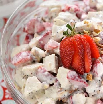 Strawberry Poppy Seed Chicken Salad ~ this light and fruity chicken salad is perfect for spring or summer, with crunchy toasted pecans and a creamy, honey-kissed dressing that's been lightened up with Greek yogurt! | FiveHeartHome.com