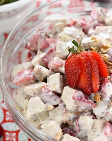 Strawberry Poppy Seed Chicken Salad ~ this light and fruity chicken salad is perfect for spring or summer, with crunchy toasted pecans and a creamy, honey-kissed dressing that's been lightened up with Greek yogurt! | FiveHeartHome.com