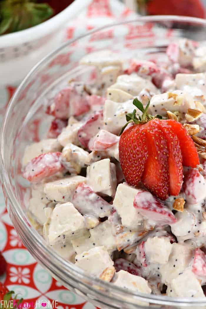 Aerial view of Strawberry Chicken Salad in bowl.