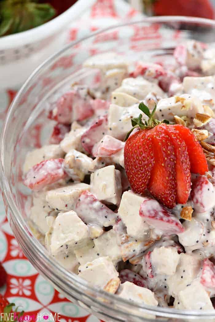 Strawberry Poppy Seed Chicken Salad ~ this light and fruity chicken salad is perfect for spring or summer, with crunchy toasted pecans and a creamy, honey-kissed dressing that's been lightened up with Greek yogurt! | FiveHeartHome.com