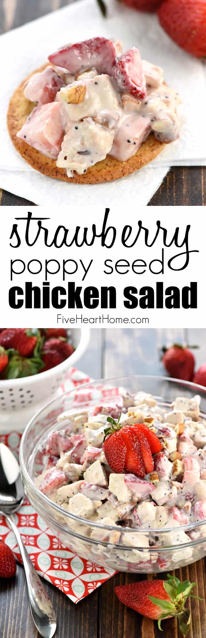 Strawberry Chicken Salad ~ this light and fruity chicken salad is perfect for spring or summer, with crunchy toasted pecans and a creamy, honey-kissed, poppy seed dressing that's been lightened up with Greek yogurt! | FiveHeartHome.com via @fivehearthome