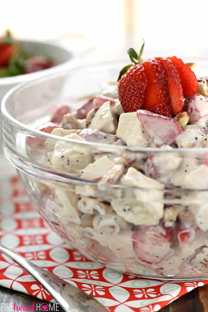 Close-up of Strawberry Chicken Salad in glass bowl.