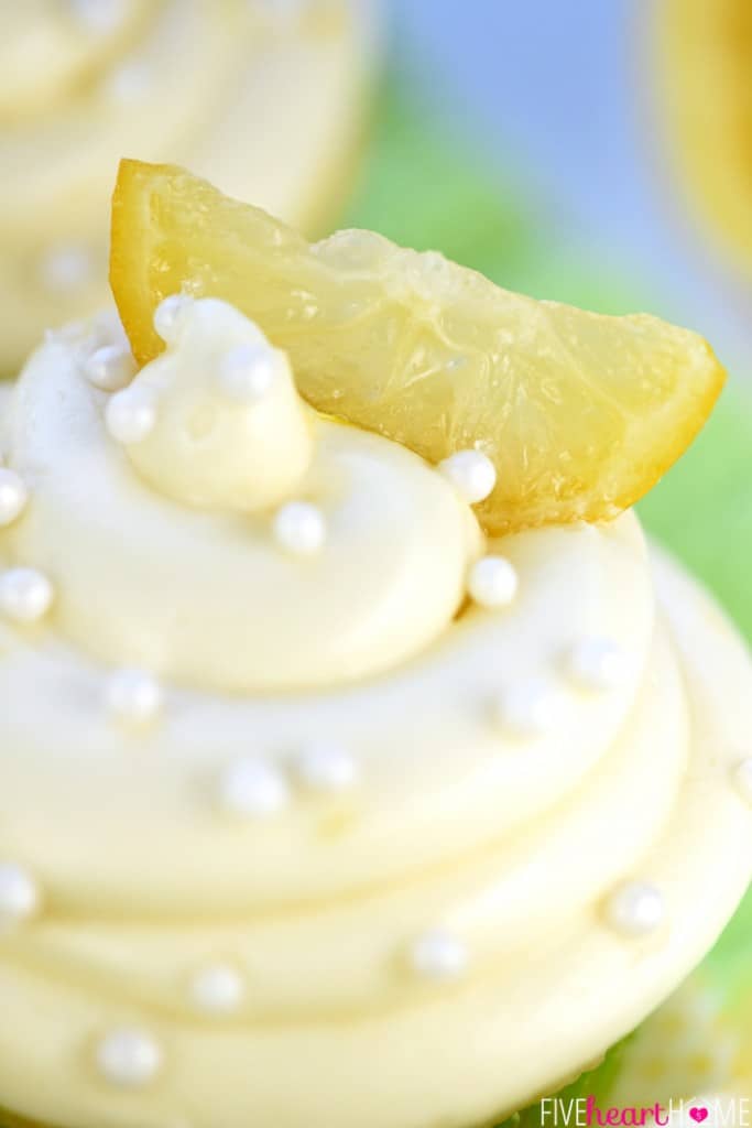 Close-up of candied lemon in Lemon Cream Cheese Frosting.
