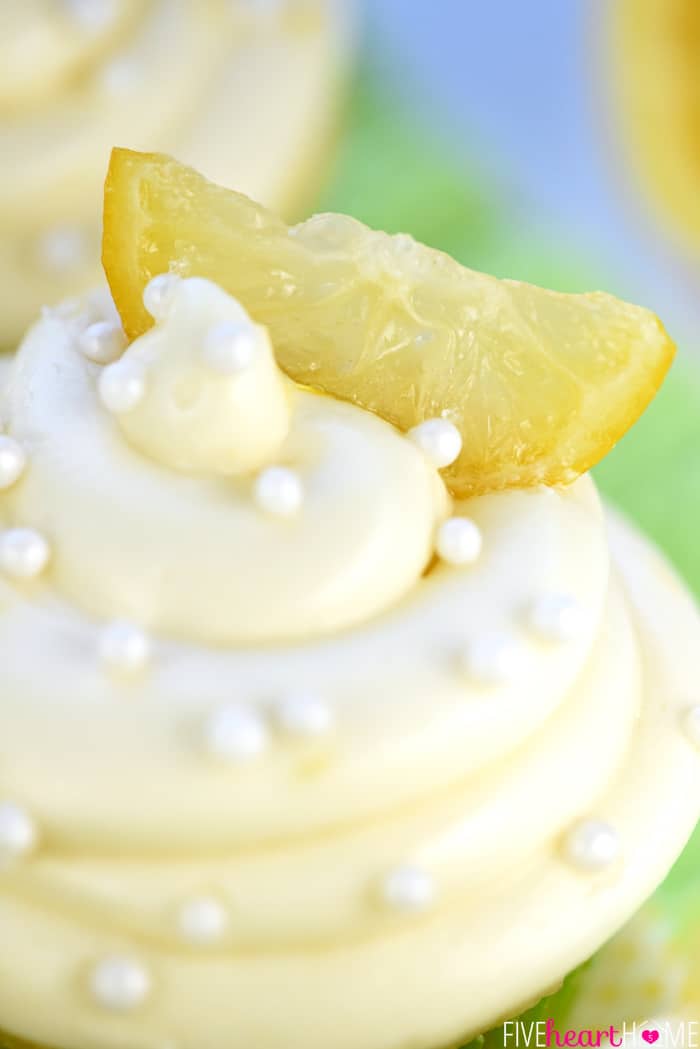 Close-up of candied lemon in Lemon Cream Cheese Frosting.