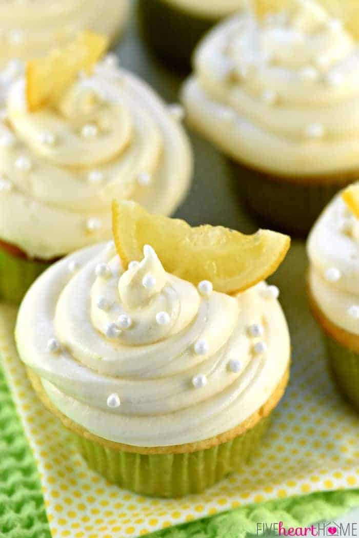 Lemon Cupcakes garnished with candied lemons.