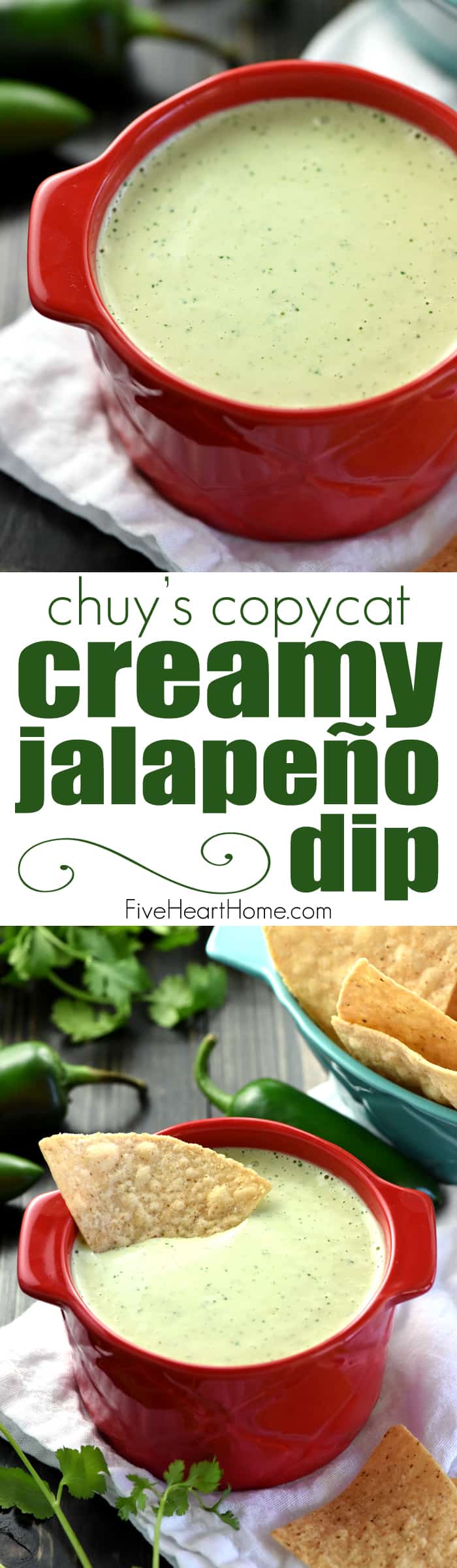 Creamy Jalapeño Dip ~ a base of homemade ranch dressing is flavored with fresh jalapeños, cilantro, and tomatillo salsa in this addictive copycat recipe of the popular appetizer at Chuy's! | FiveHeartHome.com via @fivehearthome