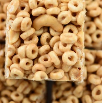 Aerial stack of Peanut Butter Cheerio Bars.