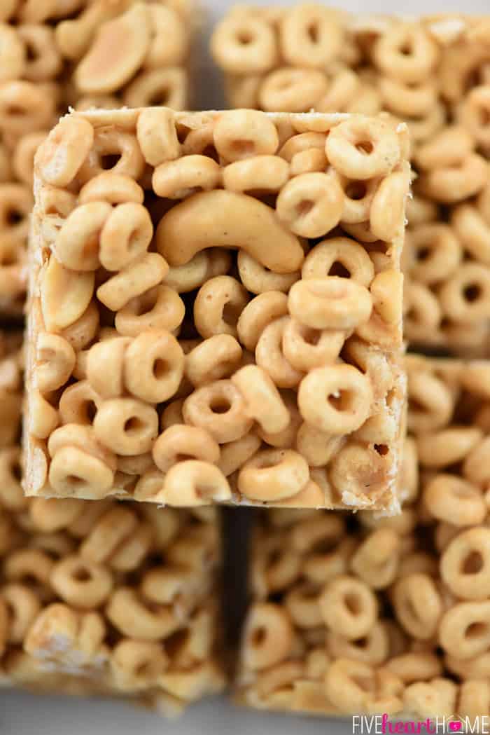 Aerial view of stack of Peanut Butter Cheerio Bars.