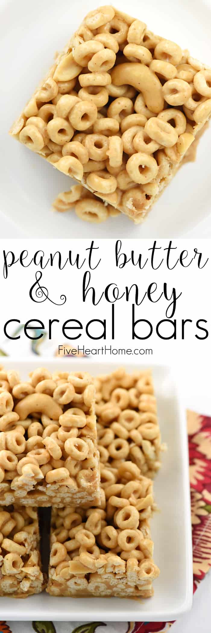 Peanut Butter Cheerio Bars ~ whole grain toasted oat cereal (AKA, Cheerios), chopped nuts, peanut butter, coconut oil, and honey are combined, pressed into a pan, and chilled for no-bake breakfast bars that also make a tasty snack! | FiveHeartHome.com via @fivehearthome