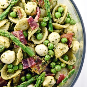 Pest Pasta Salad aerial in glass bowl.