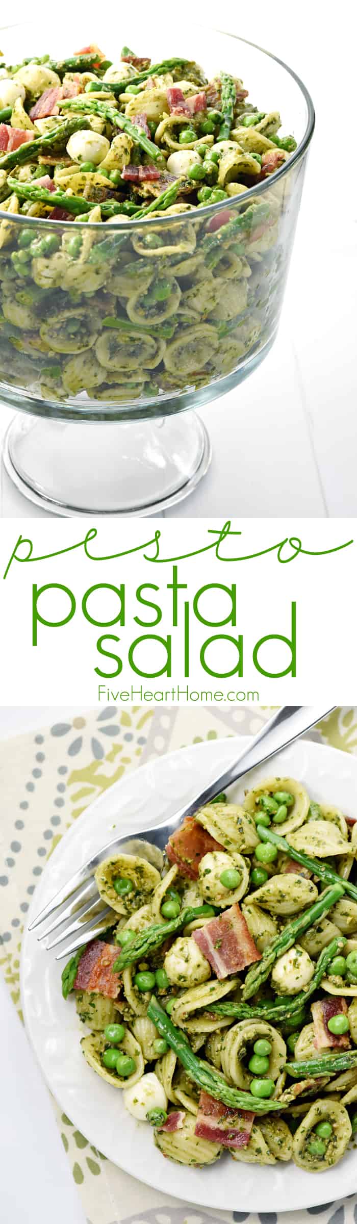 Pesto Pasta Salad ~ studded with bright green asparagus, sweet peas, decadent bacon, and fresh pearls of mozzarella, this pasta salad is a flavorful side dish or light dinner, perfect for spring and summer celebrations! | FiveHeartHome.com via @fivehearthome