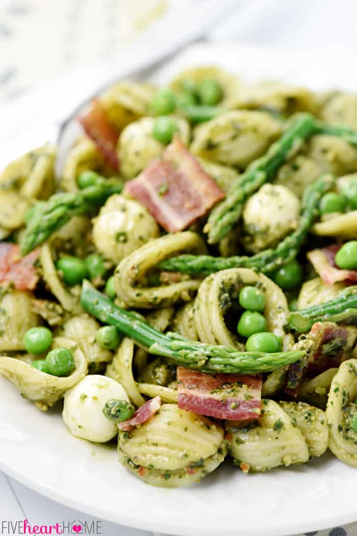 Serving of Pesto Pasta Salad recipe on plate.