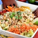 Thai Chicken Chopped Salad with Peanut Dressing ~ exploding with the contrasting flavors and textures of crunchy Napa cabbage, juicy chicken, colorful peppers, sweet carrots, salty peanuts, and fresh cilantro! | FiveHeartHome.com