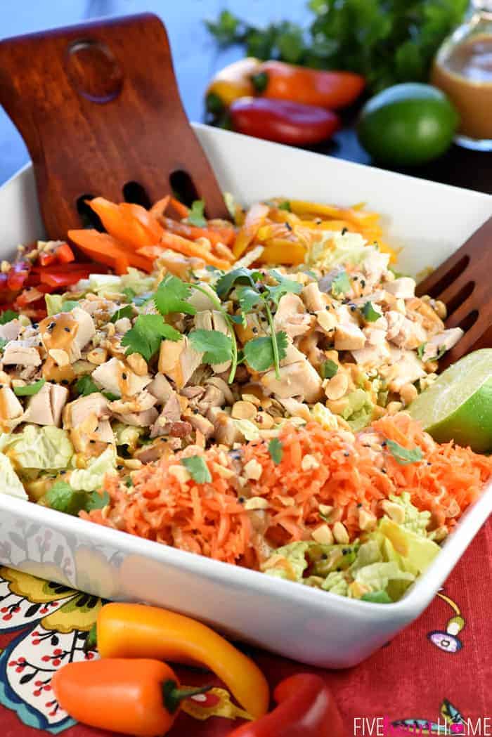 Thai Chicken Chopped Salad with Peanut Dressing ~ exploding with the contrasting flavors and textures of crunchy Napa cabbage, juicy chicken, colorful peppers, sweet carrots, salty peanuts, and fresh cilantro! | FiveHeartHome.com