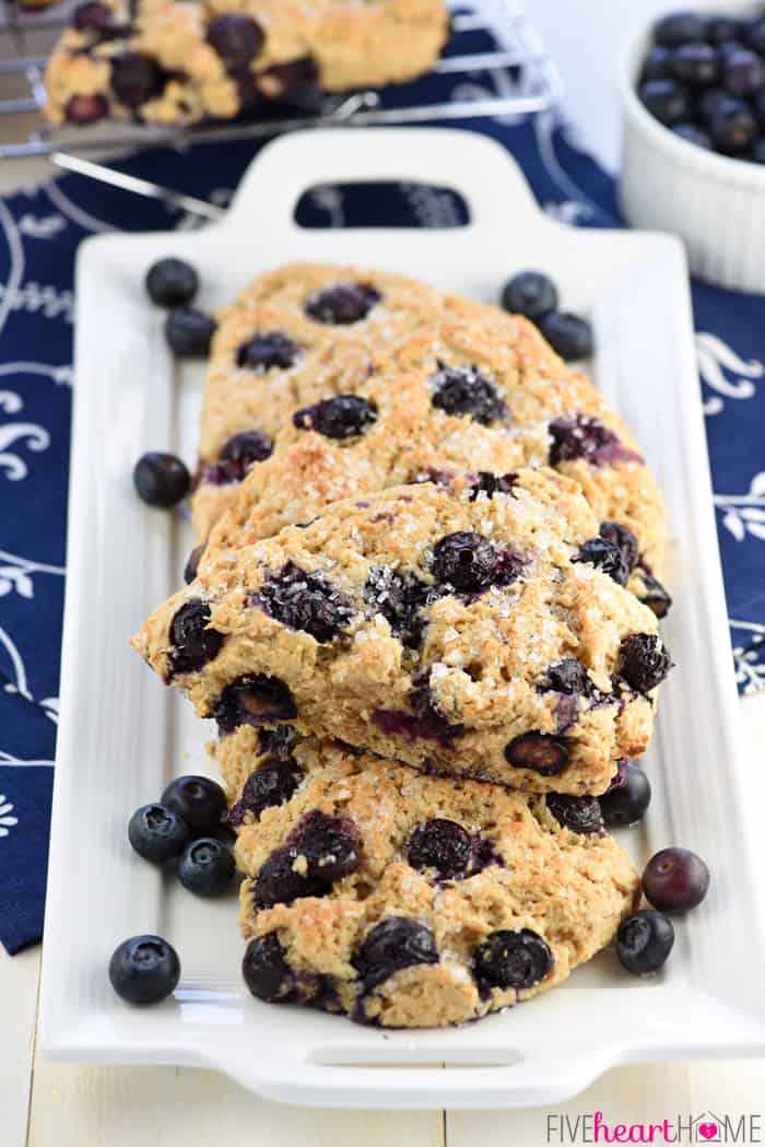 Whole Wheat Scones on platter with blueberries.
