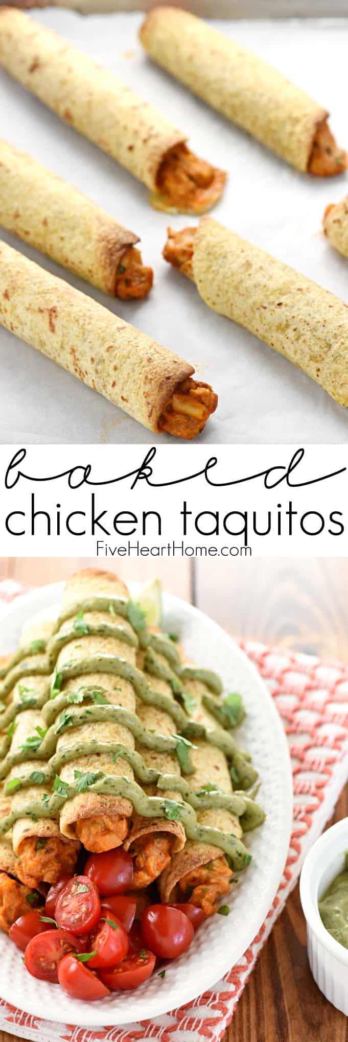 Baked Chicken Taquitos with Avocado Cilantro Dipping Sauce ~ quick and easy, creamy, zesty taquitos are guaranteed to be a hit with kids and adults alike! | FiveHeartHome.com via @fivehearthome