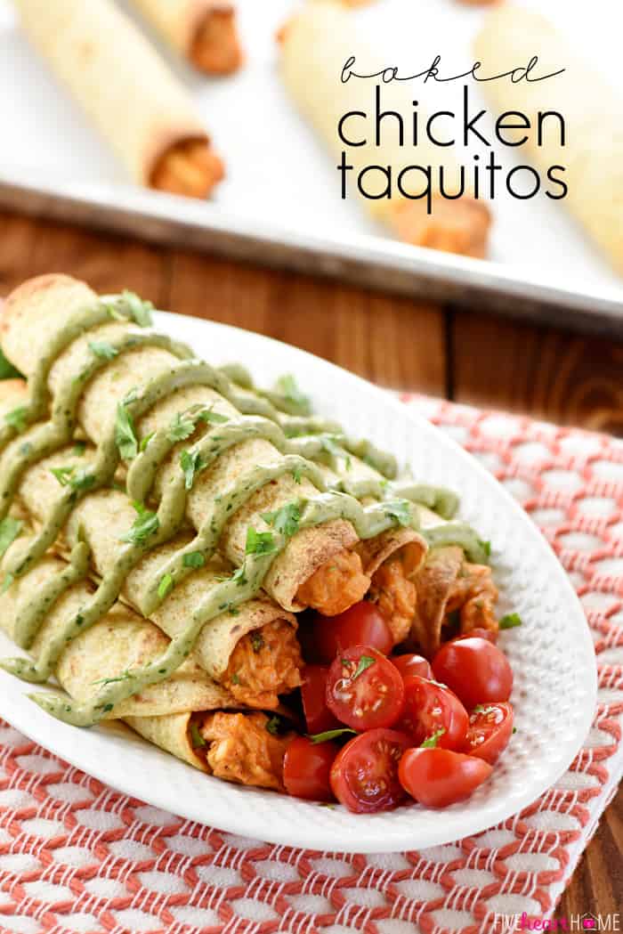 Baked Chicken Taquitos with Avocado Cilantro Dipping Sauce with Text Overlay 