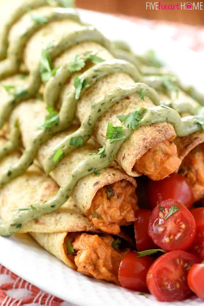Baked Chicken Taquitos with Avocado Cilantro Dipping Sauce ~ quick and easy, creamy, zesty taquitos are guaranteed to be a hit with kids and adults alike! | FiveHeartHome.com