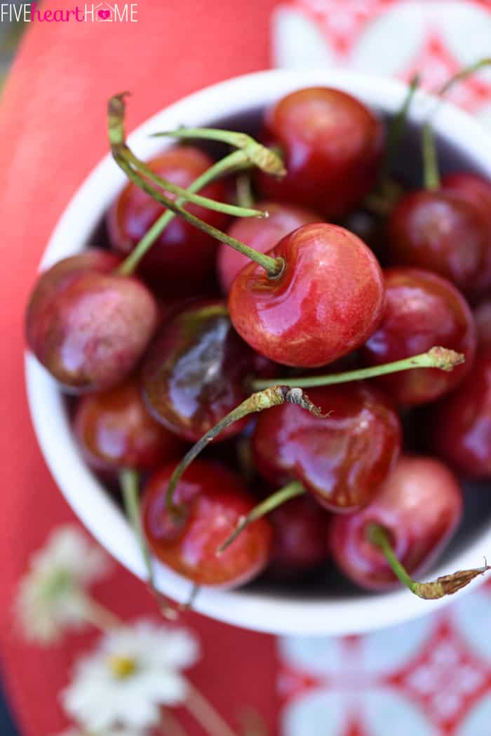 Aerial view of bowl of fresh cherries.