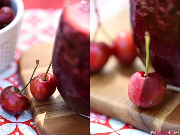 Two-photo collage showing close-up of fresh cherries.
