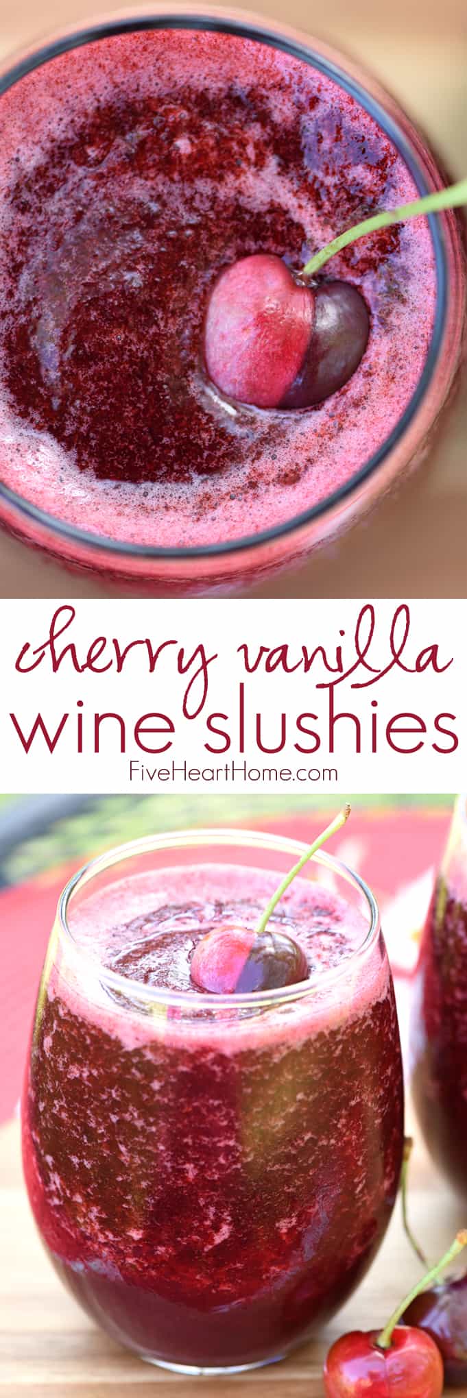 Cherry Vanilla Wine Slushies ~ fruity Moscato slushies are a refreshing way to cool off when the weather heats up, and this scrumptious version boasts juicy dark cherries and a hint of pure vanilla! | FiveHeartHome.com via @fivehearthome